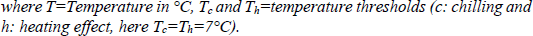 $$ wh{ere}\enspace T={Temperature}\enspace {in}\enspace {}^{\circ} C,\enspace {T}_c\enspace {and}\enspace {T}_h={temperature}\enspace th{res}h{olds}\enspace \left(c:\enspace ch{illing}\enspace {and}\enspace h:\enspace h{eating}\enspace {effect},\enspace h{ere}\enspace {T}_c={T}_h=7{}^{\circ} C\right). $$